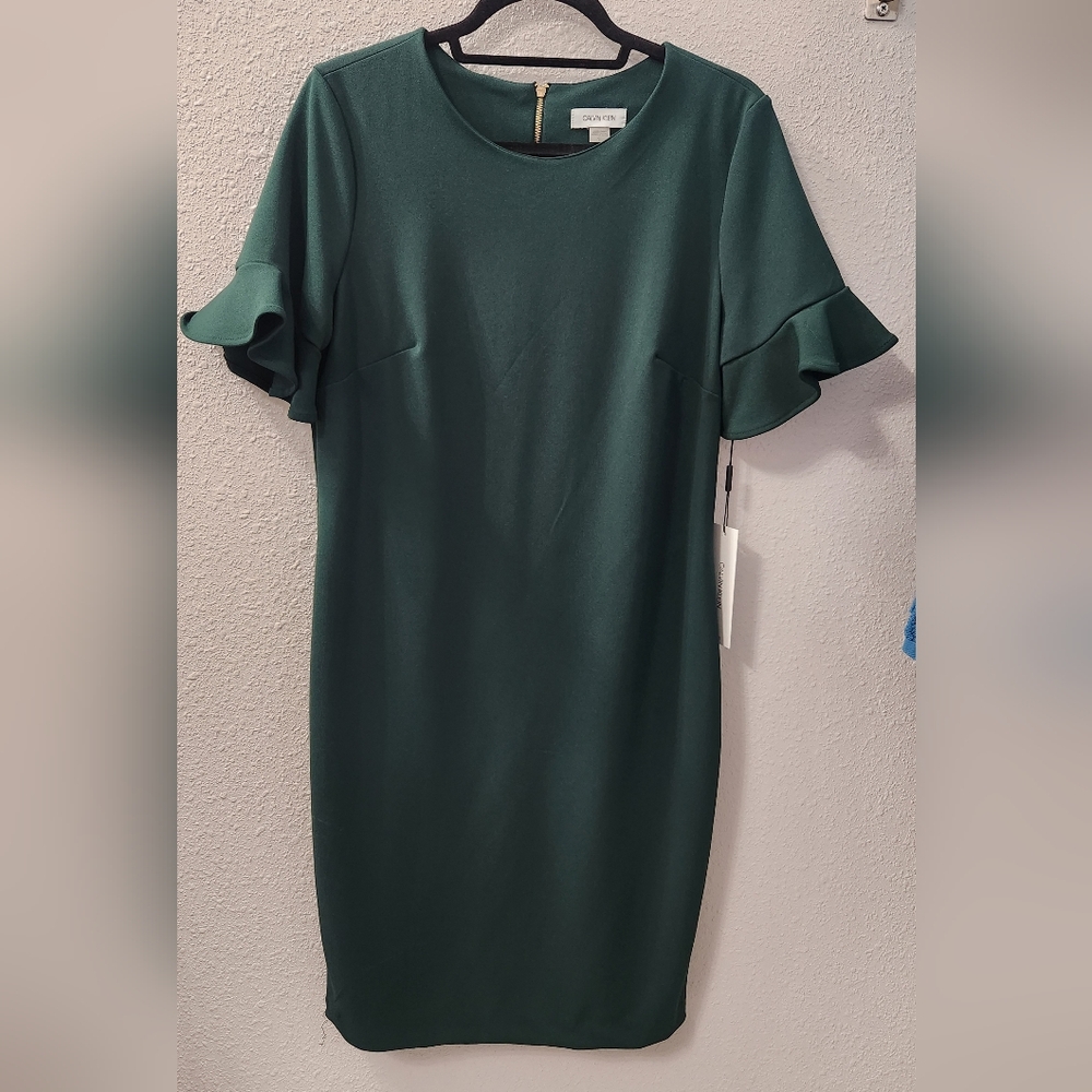 Calvin Klein Forest Green Mini Dress with Ruffle Sleeves